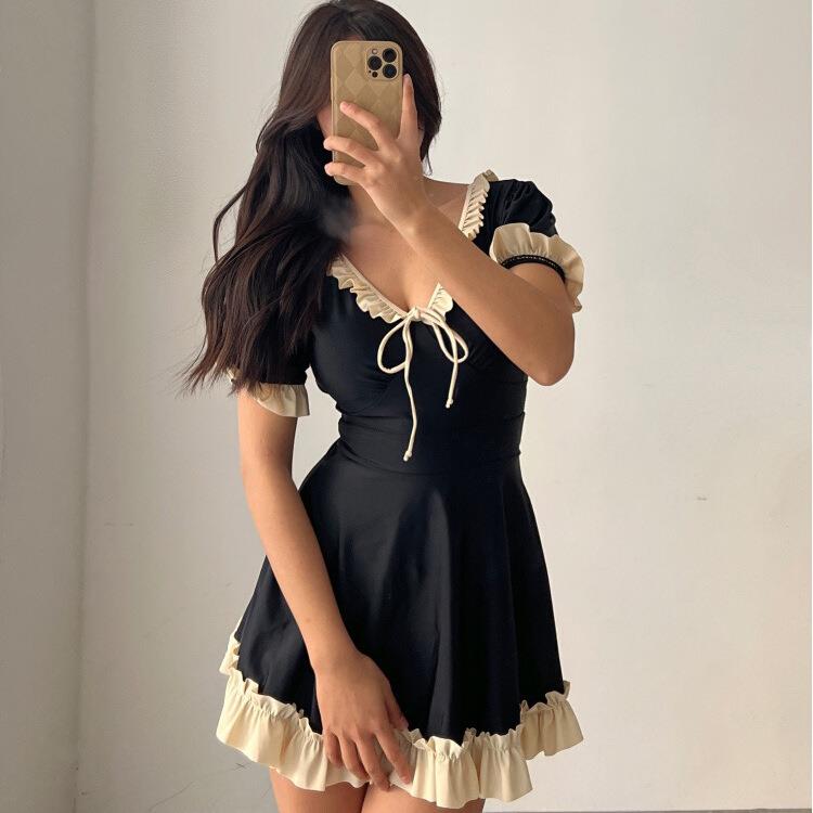 新款性感大码游泳衣女保守连体裙式遮肚显瘦大胸聚拢防走光平角裤
