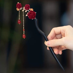 绝美红色玫瑰流苏檀木盘发发簪子古风汉服旗袍发钗新中式步摇头饰