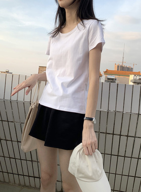 夏季低领正肩纯白色T恤女u领短袖修身棉质百搭休闲内搭露锁骨上衣