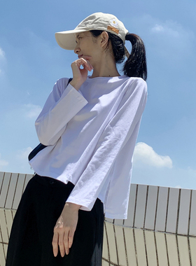 白色纯棉长袖T恤女ins超火宽松秋冬内搭打底衫洋气百搭上衣秋季
