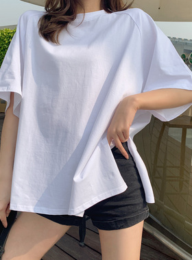 纯白色T恤女宽松短袖纯棉体恤中长款大码女装2022新款潮白上衣夏