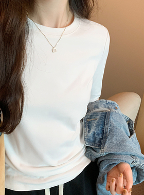 纯白色圆领双面德绒保暖内搭打底衫女秋冬季加厚磨毛长袖t恤上衣