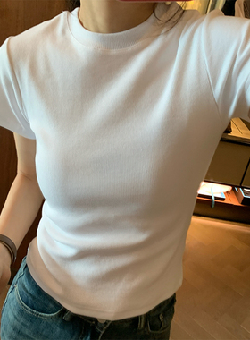 纯白色螺纹短袖T恤女夏季简约百搭圆领修身显瘦正肩内搭打底上衣