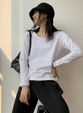纯棉长袖t恤女小衫秋装2022新款修身V领内搭白色洋气打底衫上衣