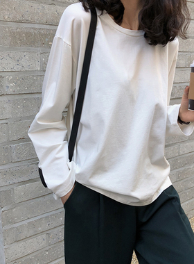 纯白色长袖t恤女打底衫棉质韩版宽松内搭叠穿上衣纯色女士ins超火