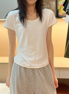 正肩短袖u领t恤女装夏季2024年新款棉质修身低圆领锁骨基础款上衣