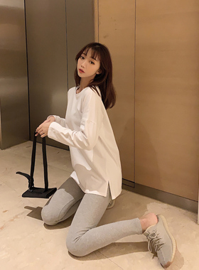 秋季新款白色T恤女长袖棉质宽松下摆开叉纯色打底衫上衣ins圆领