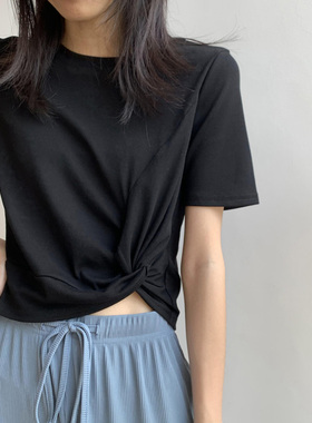 白色棉质短袖t恤女短款交叉打结修身ins洋气体恤黑色高腰上衣夏季