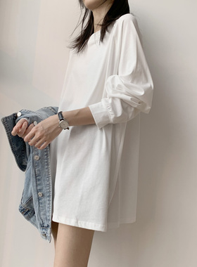 2022秋季新款长袖t恤女中长款纯棉白色打底衫宽松显瘦上衣服潮