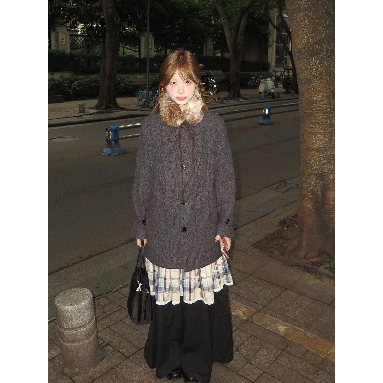 复古深灰可拆卸毛领毛呢大衣女秋冬新款百搭设计感中长款呢子外套,女装/女士精品,毛呢外套,淘宝优惠券,粉丝福利购,淘宝优惠卷