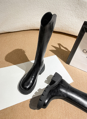 黑色马丁靴女厚底骑士靴V口小个子长筒靴女粗腿大码女靴子41一43