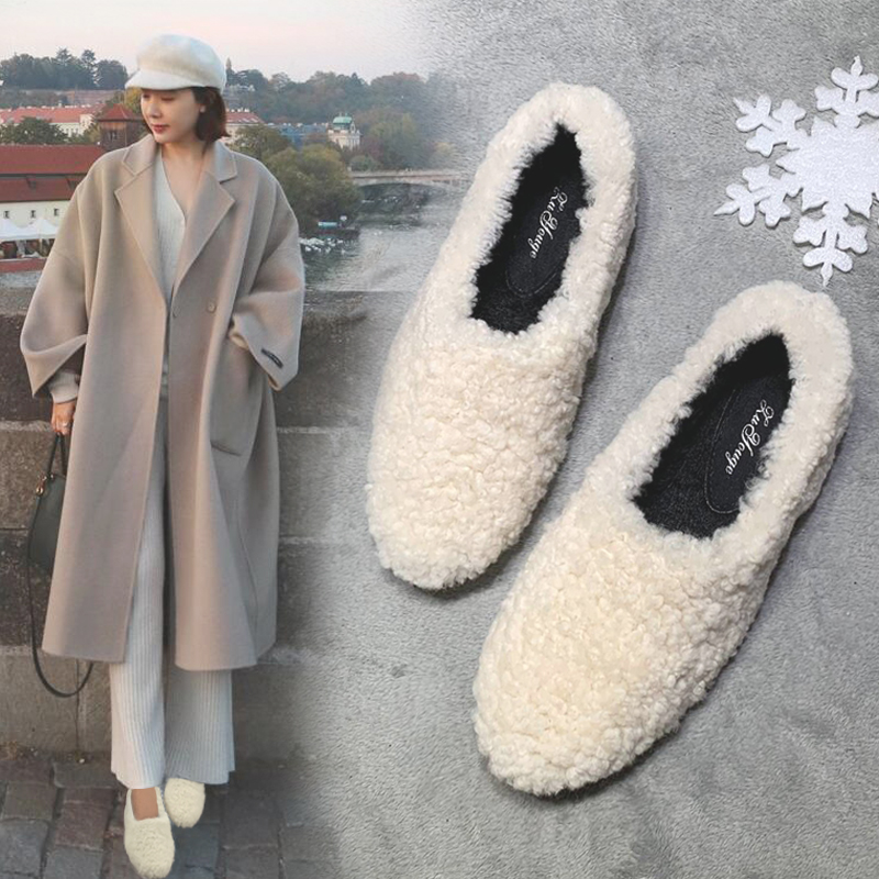 真羊羔毛~加绒白色毛毛鞋女外穿