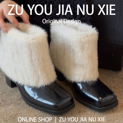 羊羔毛羊皮版~方头毛毛鞋女外穿