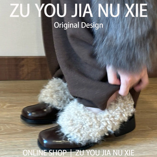 真皮方头毛毛鞋女冬外穿粗跟复古单鞋加绒小皮鞋女大码女鞋41到43