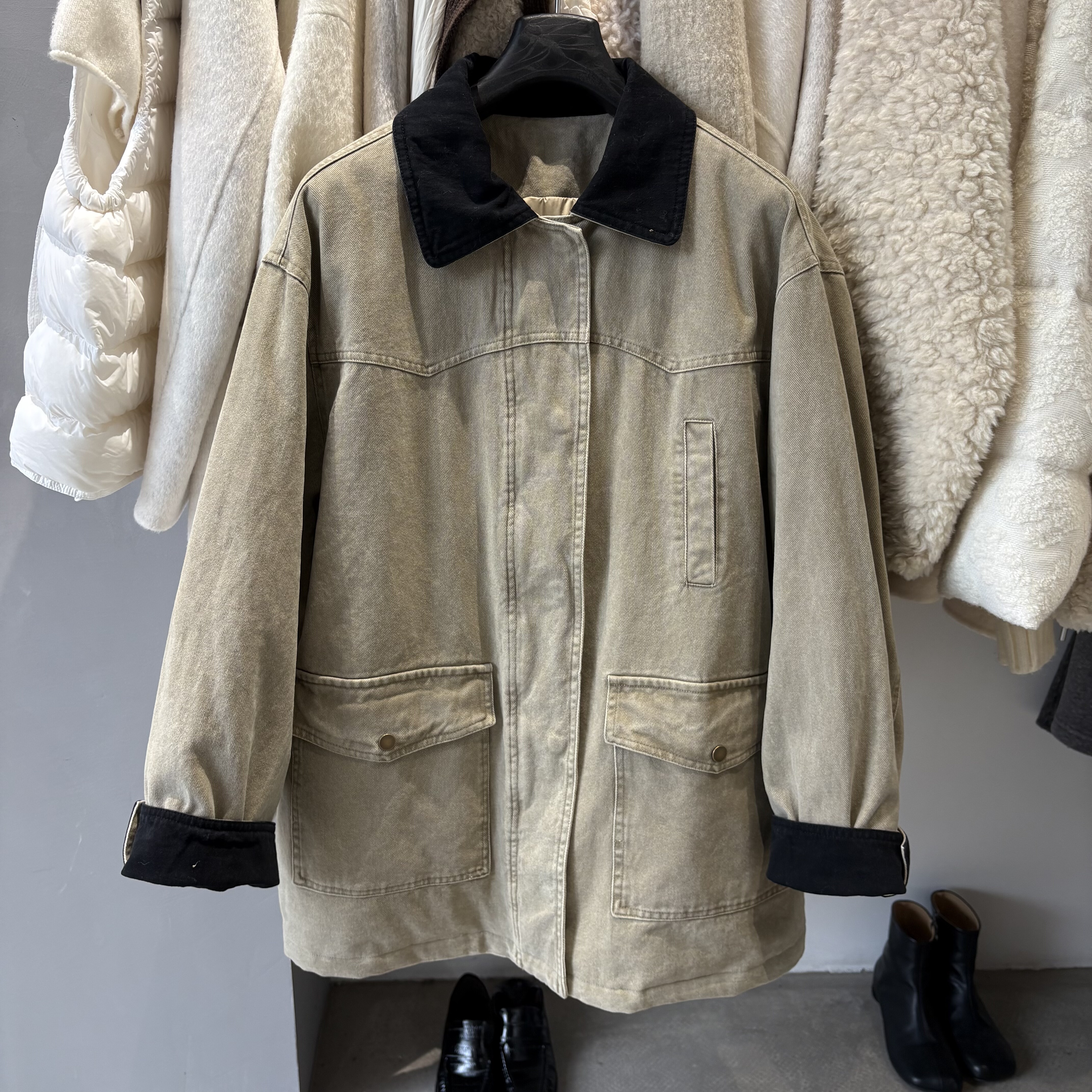 韩国东大门巴恩风撞色羽绒风衣