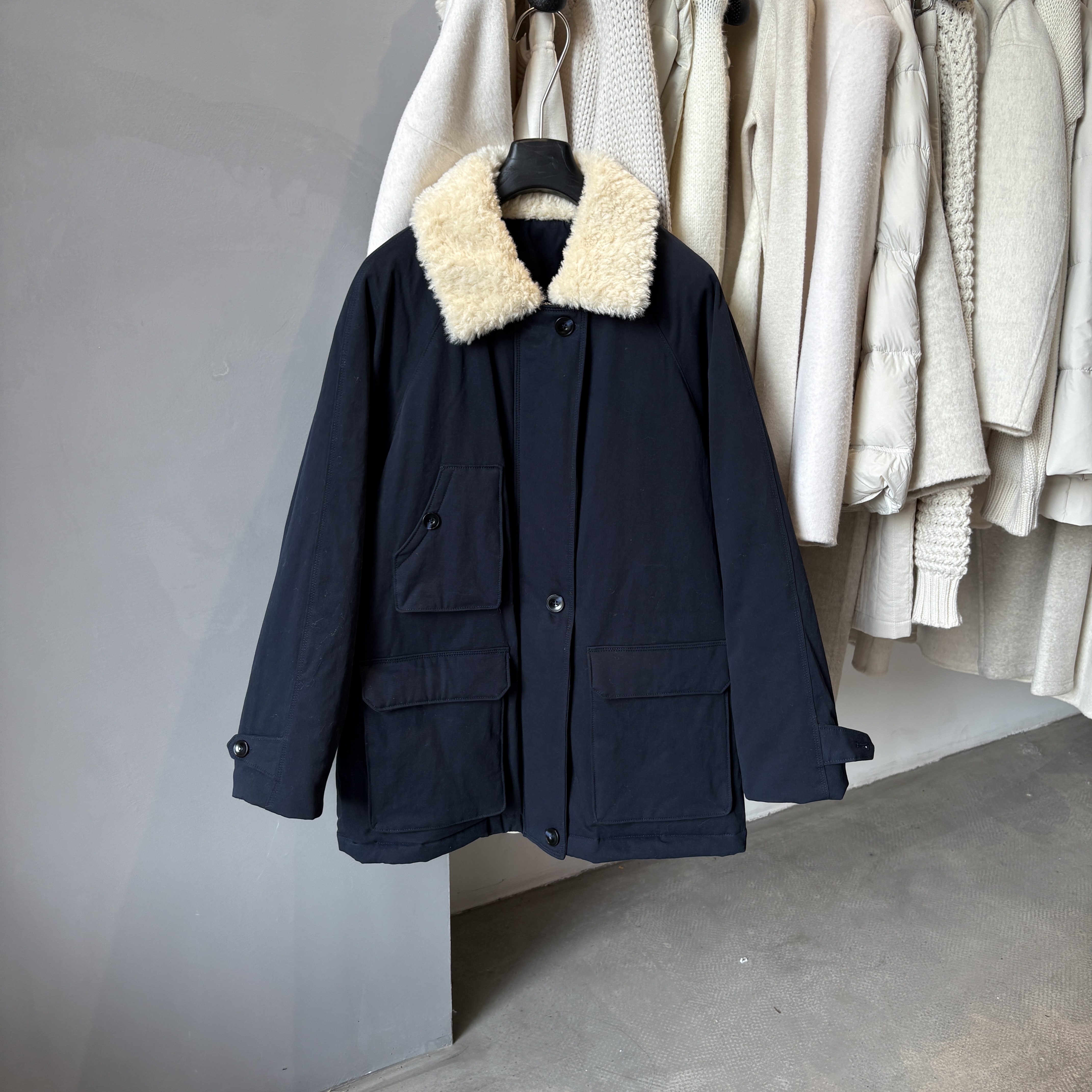 韩国羊羔毛翻领韩系羽绒服中长款