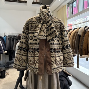 韩国东大门2025冬季 复古西部卷叶纹摇粒绒外套女上衣搭配围巾 新款