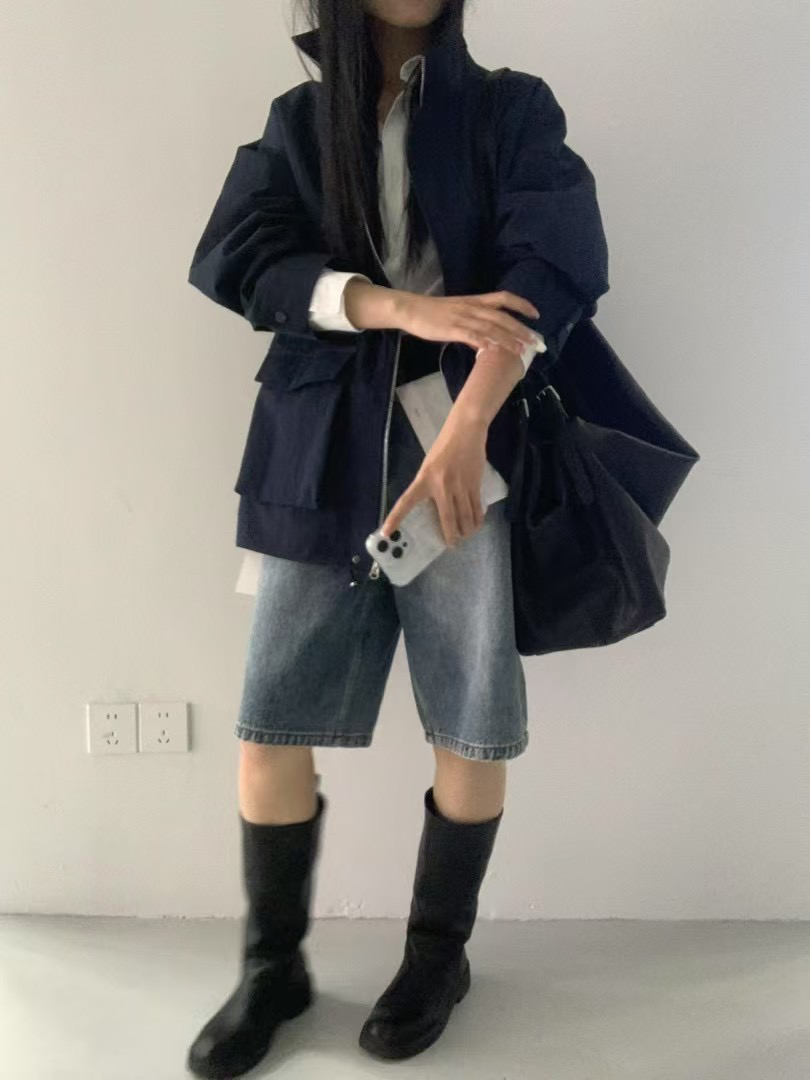 2025早秋新款ETHOS韩版宽松显瘦百搭立领长袖外套设计感小众上衣