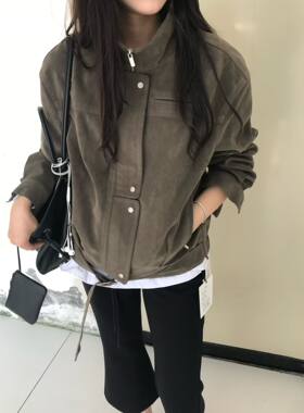 复古短款立领机车皮衣女