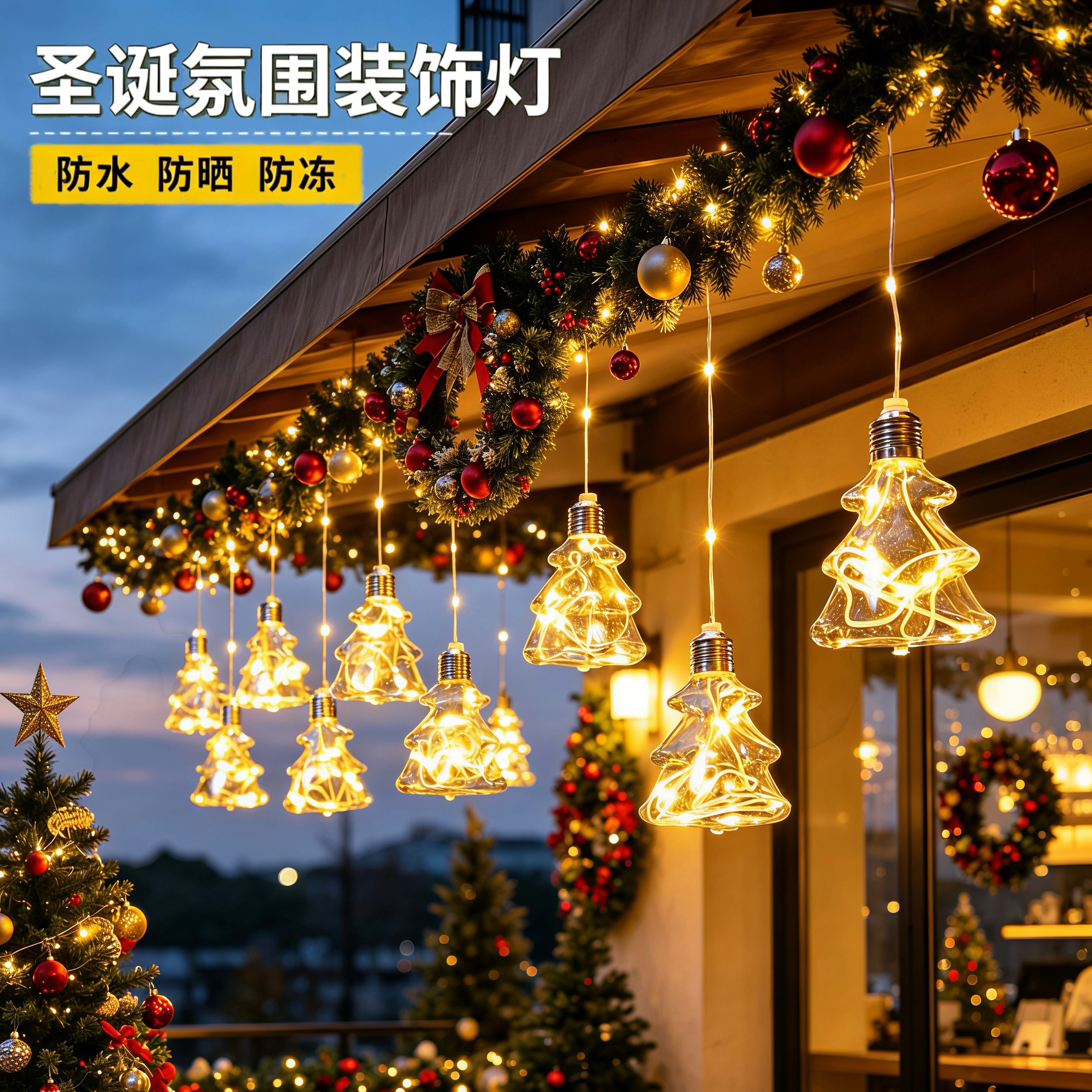 圣诞节装饰灯太阳能户外窗帘灯串