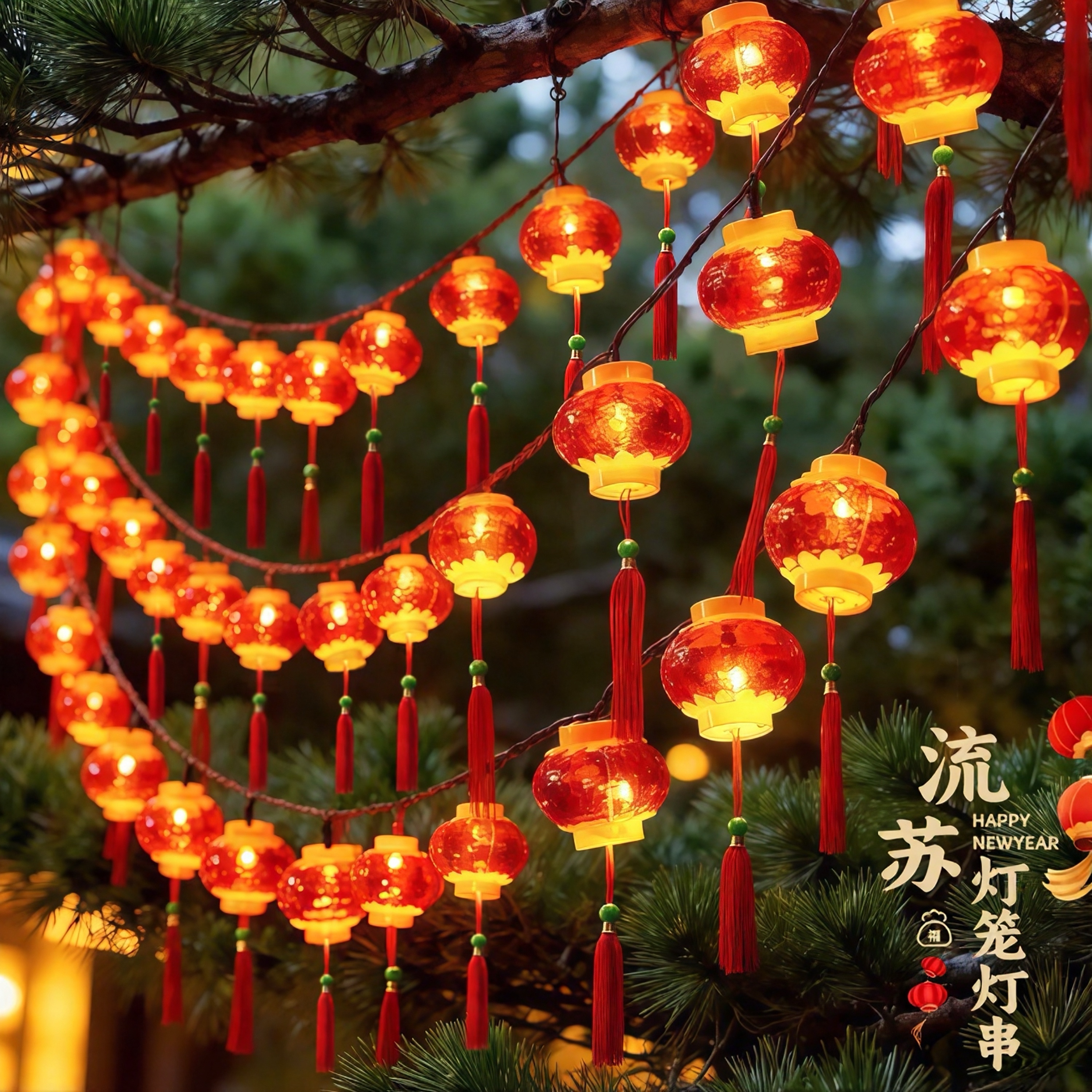 新年装饰灯户外庭院挂树上的小红灯笼太阳能小彩灯闪灯串灯气氛灯