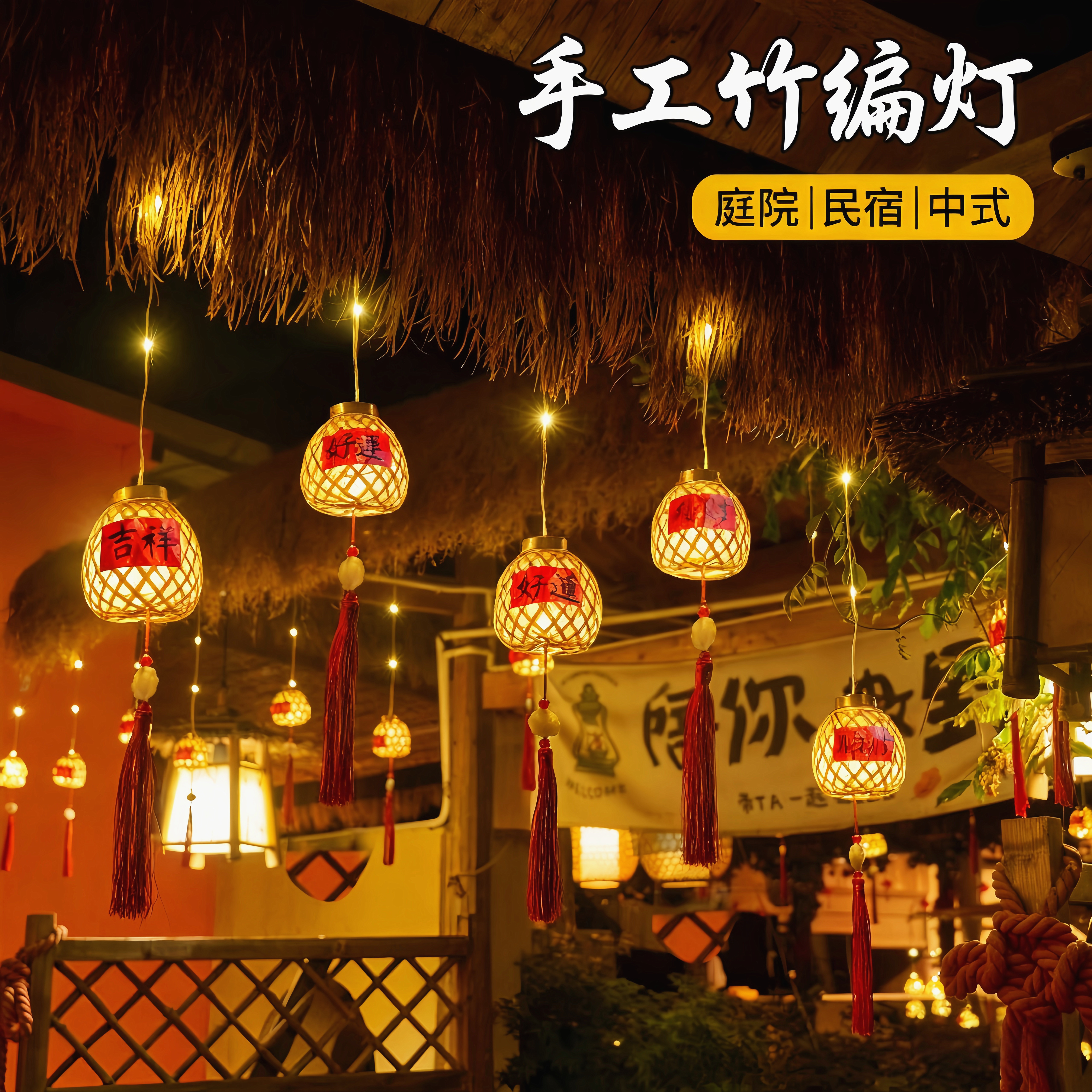 太阳能竹编灯笼瀑布灯窗帘灯彩灯灯串装饰灯户外氛围灯阳台布置灯