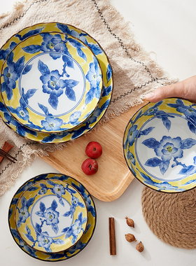 美浓烧日本进口釉下彩黄彩牡丹家用陶瓷餐盘日式餐具菜盘饭碗套装