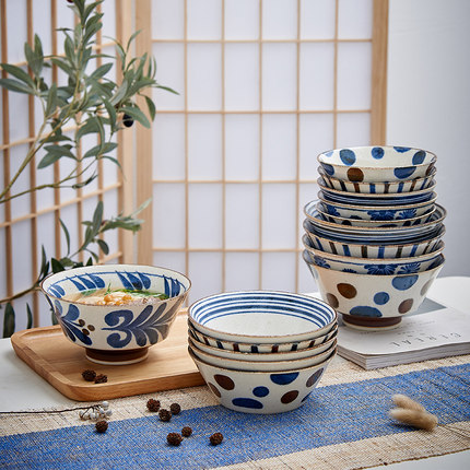 美浓烧日本进口南国釉下彩面碗家用日式汤碗陶瓷餐具套装碗拉面碗
