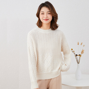 女2024秋冬保暖宽松针织衫 绞花圆领纯山羊绒衫 加厚软糯毛衣上衣