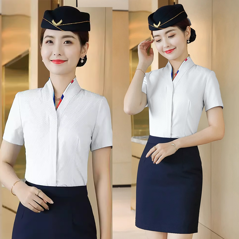 2025春夏职业空乘衬衫女士修身气质空姐面试V领短袖衬衣白色上衣