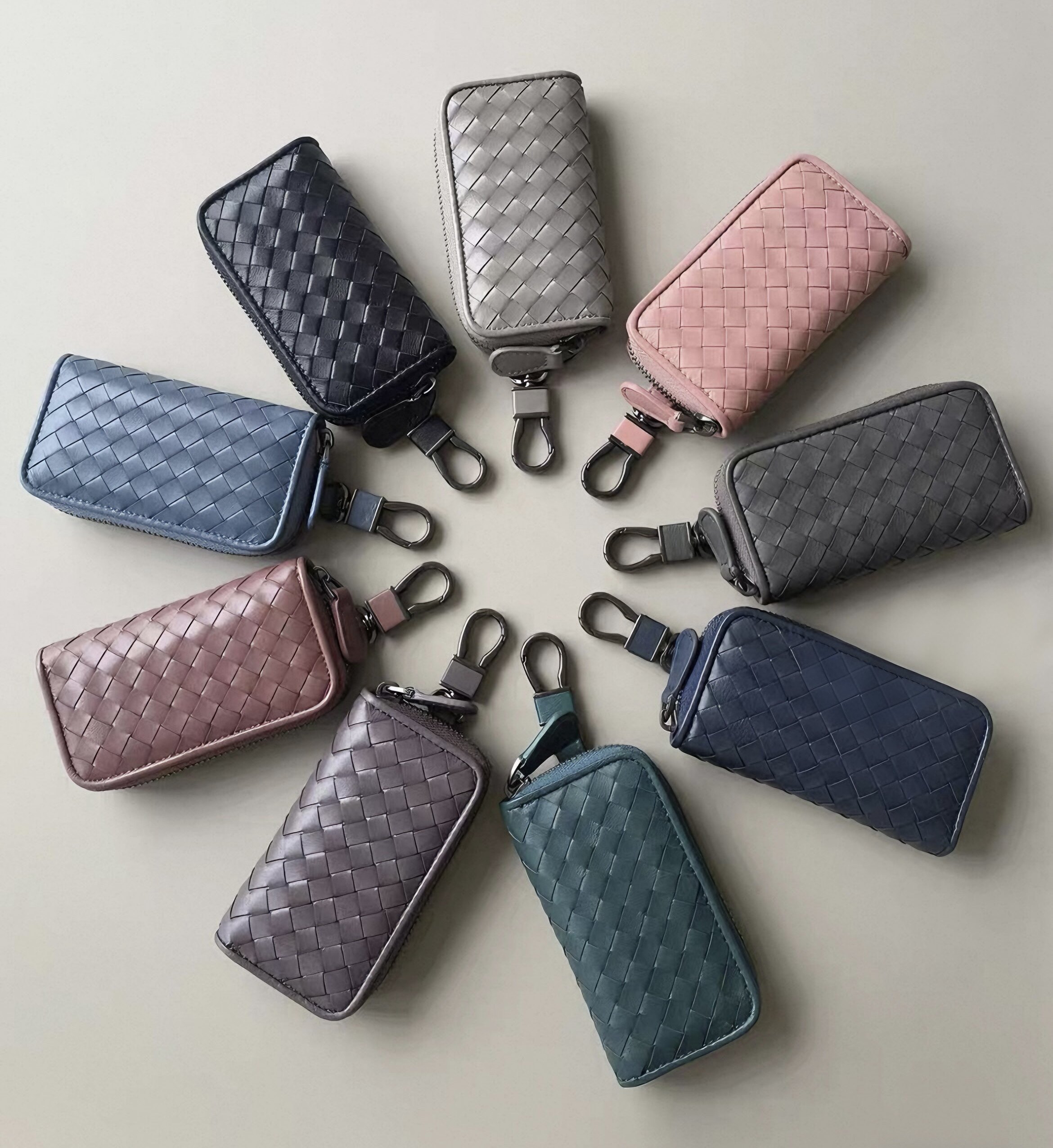 编织钥匙包拉链男女汽车通用真皮锁匙大容量羊皮卡包二合一潮