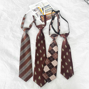 美拉德领带女复古菱形格百搭条纹棕色小熊儿童男免打结短学院风酷