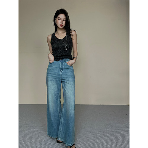 韩版高腰显瘦直筒牛仔长裤女
