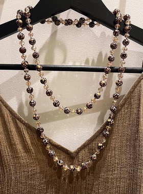 简单通勤天然石超长款项链挂件经典圆珠串珠双层毛衣链衣服装饰链