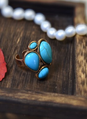 欧美风小众设计感戒指开口可调节大小复古绿松石时尚指环个性配饰