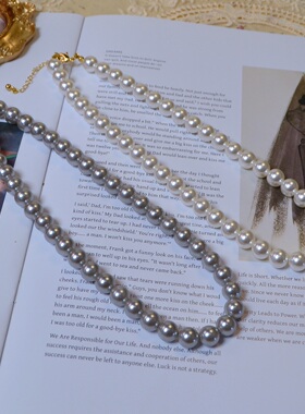 施家灰珍珠项链短款高档 简约精致百搭毛衣链不褪色高级感配饰女