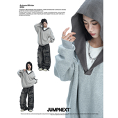 JUMPNEXT 秋冬毛线拼接落肩连帽加绒卫衣设计感小众慵懒休闲帽衫