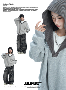 JUMPNEXT 秋冬毛线拼接落肩连帽加绒卫衣设计感小众慵懒休闲帽衫