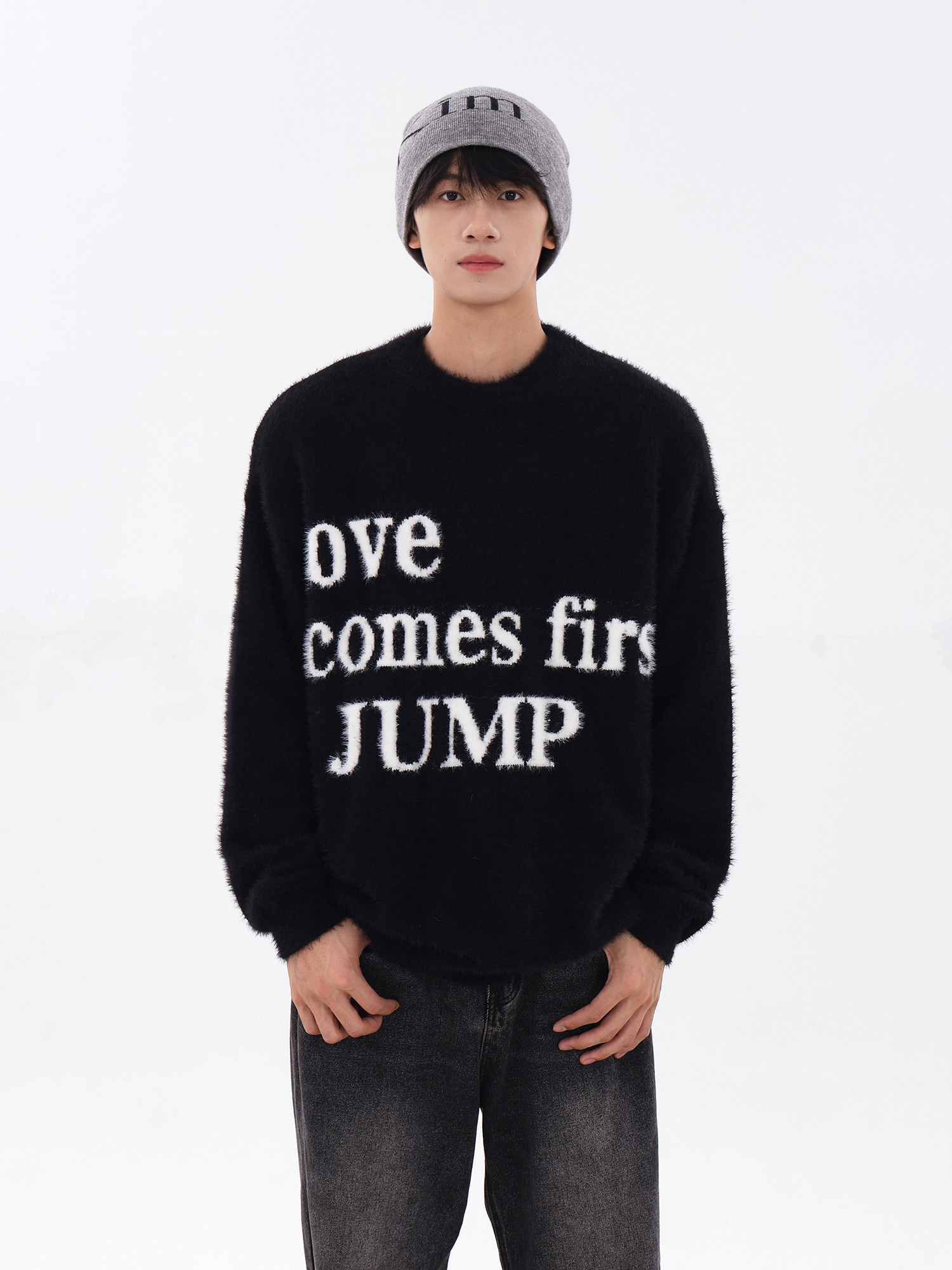 JUMPNEXT 내셔널 트렌드 문자 로고 자카드 스웨터 라운드넥 모헤어 풀오버 스웨터 커플 긴팔 캐주얼