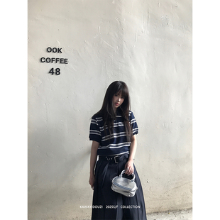 女薄款 Kawayi豆子 短袖 miu系少女 宽松休闲条纹polo衫