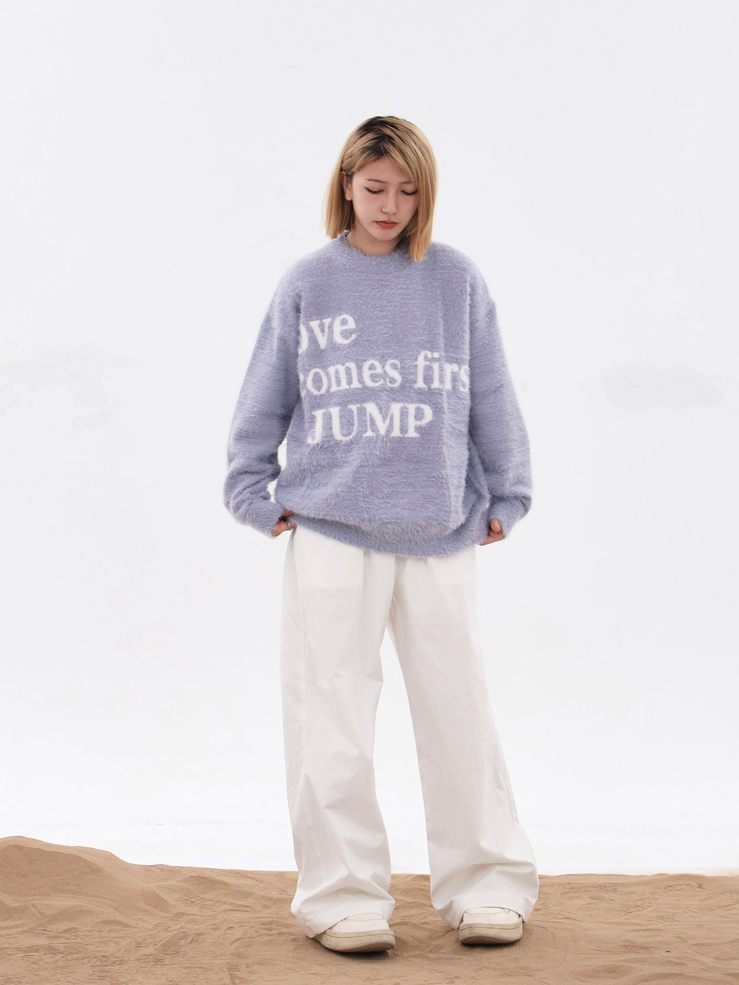 JUMPNEXT 내셔널 트렌드 문자 로고 자카드 스웨터 라운드넥 모헤어 풀오버 스웨터 커플 긴팔 캐주얼