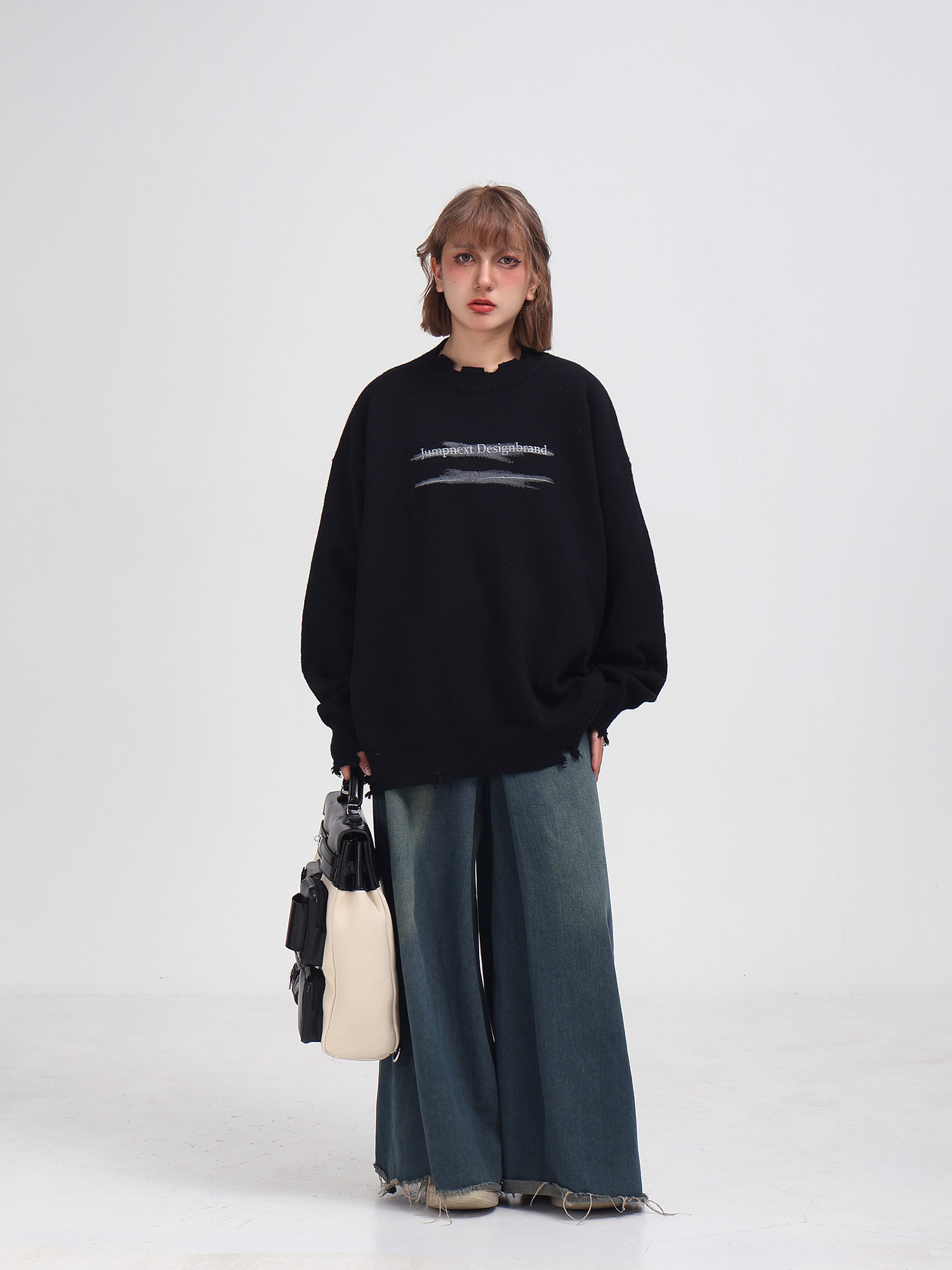 JUMPNEXT 중국 유행 아메리칸 스타일 안감 인쇄 라운드 넥 홀 스웨터 남성과 여성을위한 유행 브랜드 느슨한 니트 스웨터 탑