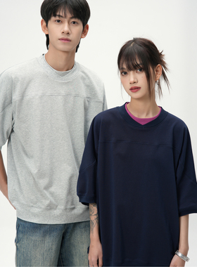 JUMPNEXT双层螺纹套头短袖男女2024潮牌新款美式休闲宽松情侣上衣