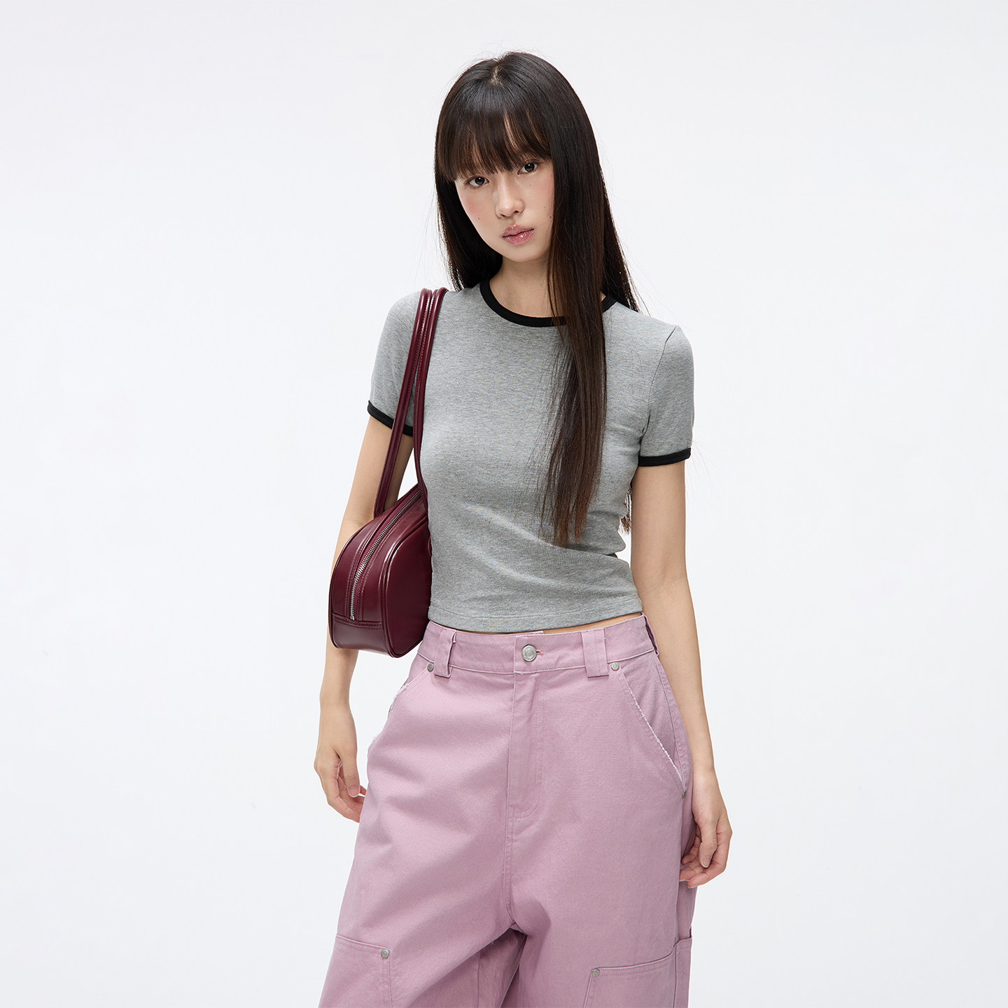 JUMPNEXT美式复古撞色显瘦正肩短款圆领T恤夏季新款修身短袖上衣