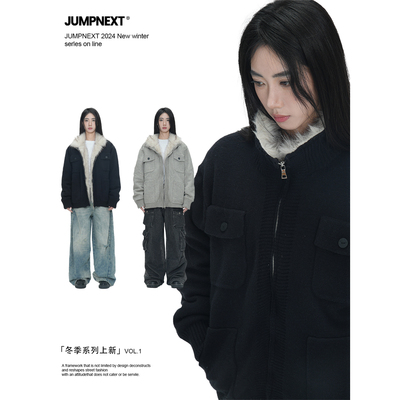 JUMPNEXT重磅座山雕cleanfit加绒加厚毛领毛衣潮牌男针织棉服外套