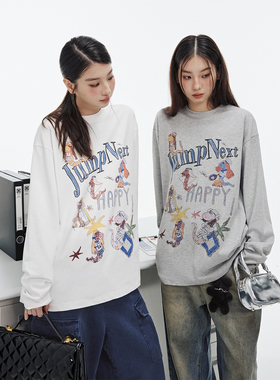 JUMPNEXT新款小众卡通小蛇设计感印花圆领长袖T春夏宽松内搭上衣