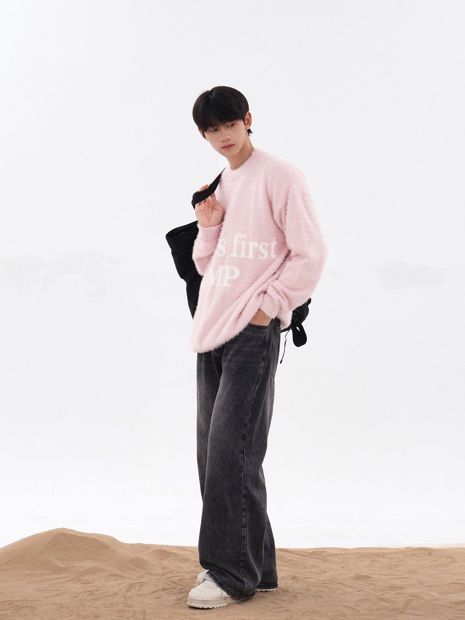 JUMPNEXT 내셔널 트렌드 문자 로고 자카드 스웨터 라운드넥 모헤어 풀오버 스웨터 커플 긴팔 캐주얼