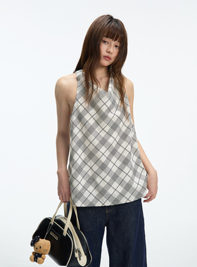 JUMPNEXT法式格纹挂脖荡领工字背心春夏新款设计感外穿无袖上衣