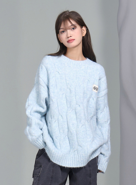 JUMPNEXT彩纱大麻花套头毛衣男女潮流宽松百搭情侣上衣冬季针织衫