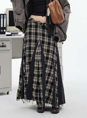 JUMPNEXT复古废土风手撕毛边格纹拼接半身长裙新款宽松百搭大摆裙